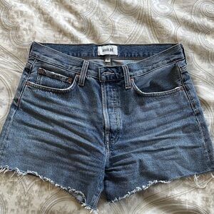 Agolde Distressed High-Waist Denim Shorts in Dark Blue Wash